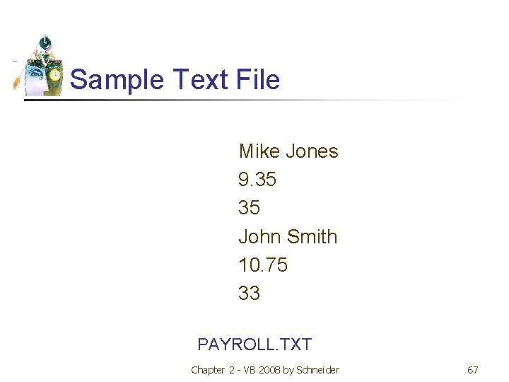 Sample Text File Mike Jones 9. 35 35 John Smith 10. 75 33 PAYROLL.