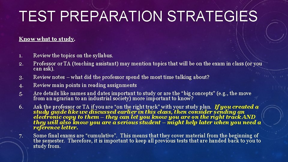 TEST PREPARATION STRATEGIES Know what to study. 1. 2. Review the topics on the