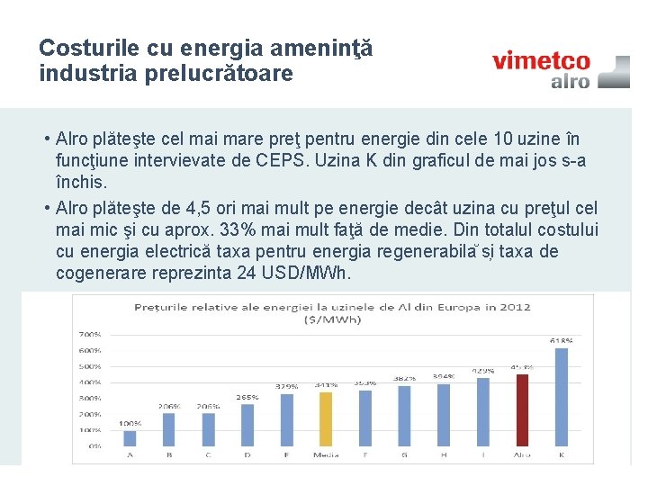 Costurile cu energia ameninţă industria prelucrătoare • Alro plăteşte cel mai mare preţ pentru