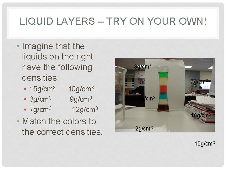 LIQUID LAYERS – TRY ON YOUR OWN! • Imagine that the liquids on the