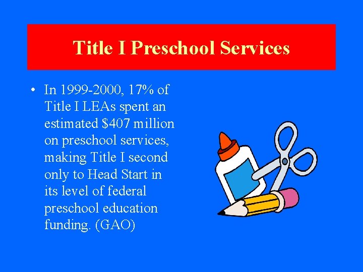 Title I Preschool Services • In 1999 -2000, 17% of Title I LEAs spent