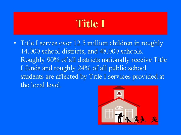 Title I • Title I serves over 12. 5 million children in roughly 14,