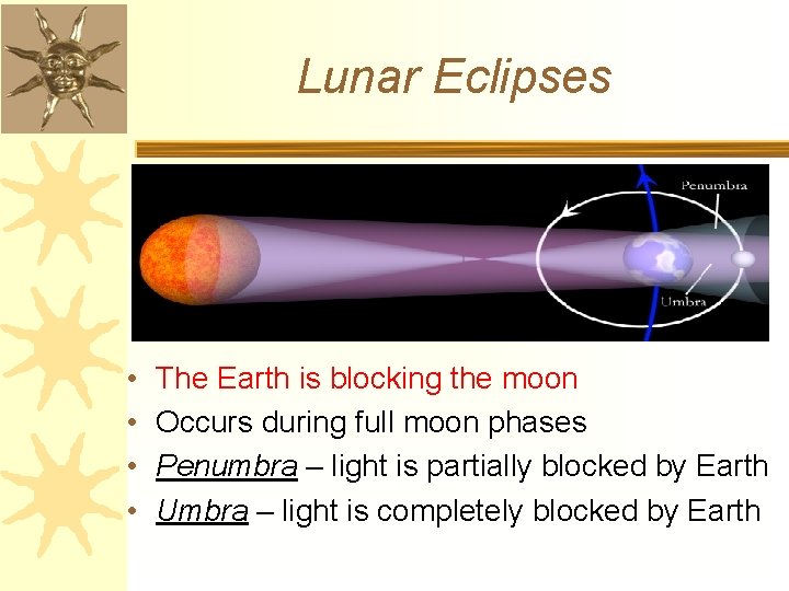 Lunar Eclipses • • The Earth is blocking the moon Occurs during full moon