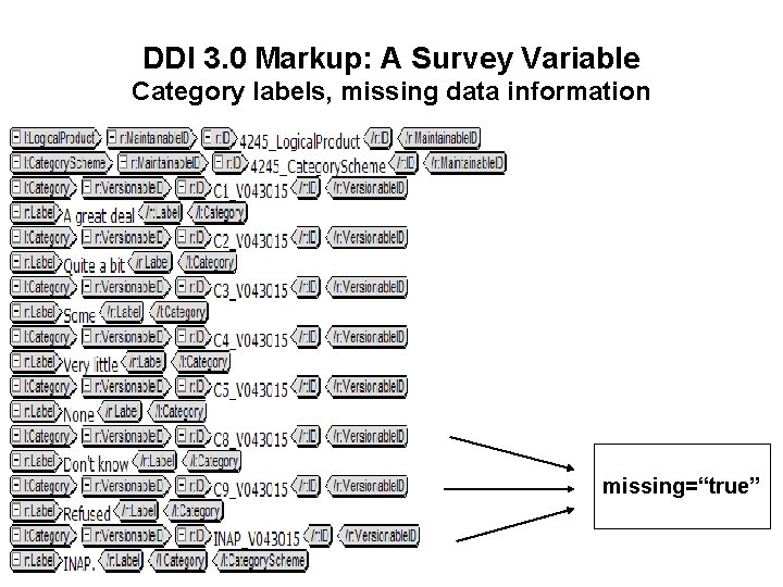 DDI 3. 0 Markup: A Survey Variable Category labels, missing data information missing=“true” 