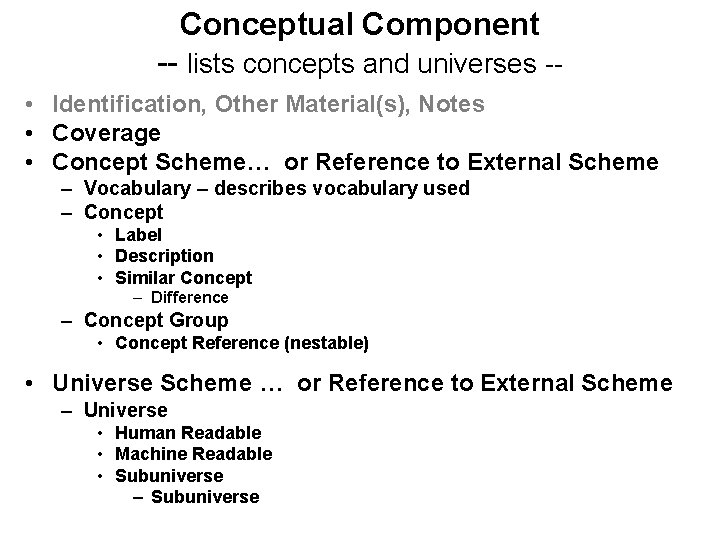 Conceptual Component -- lists concepts and universes - • Identification, Other Material(s), Notes •