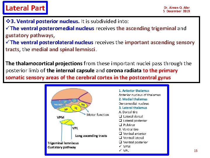 Lateral Part Dr. Aiman Q. Afar 5 December 2019 v 3. Ventral posterior nucleus.