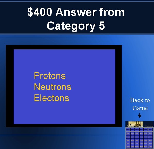 $400 Answer from Category 5 Protons Neutrons Electons 