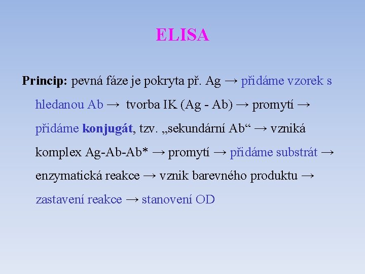 ELISA Princip: pevná fáze je pokryta př. Ag → přidáme vzorek s hledanou Ab