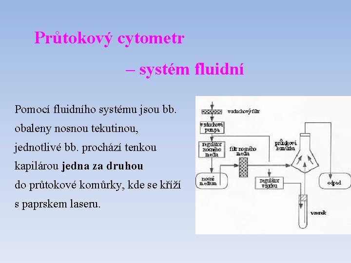 Průtokový cytometr – systém fluidní Pomocí fluidního systému jsou bb. obaleny nosnou tekutinou, jednotlivé