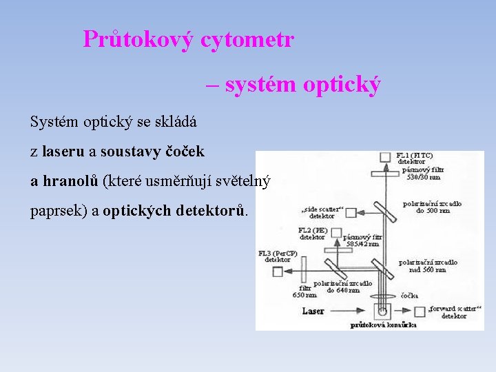 Průtokový cytometr – systém optický Systém optický se skládá z laseru a soustavy čoček