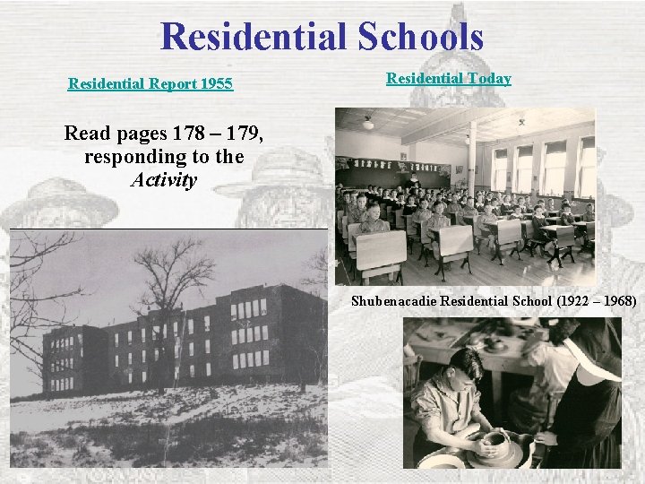 Residential Schools Residential Report 1955 Residential Today Read pages 178 – 179, responding to