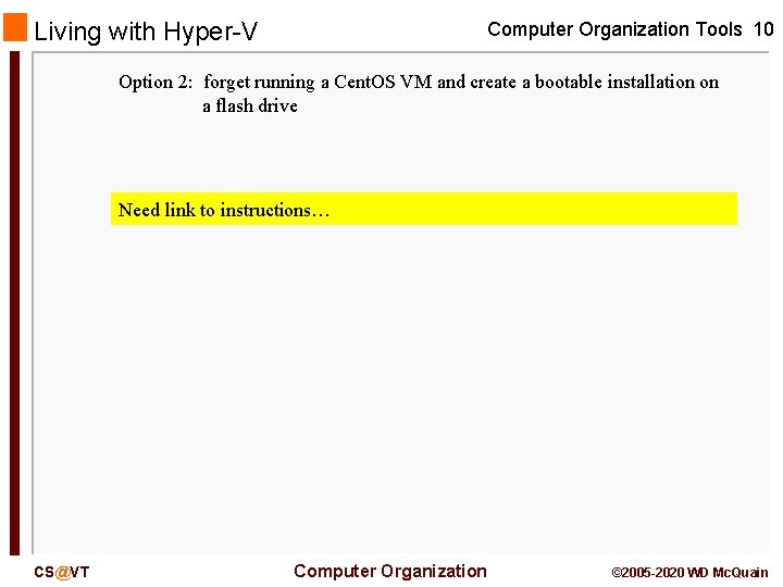 Living with Hyper-V Computer Organization Tools 10 Option 2: forget running a Cent. OS