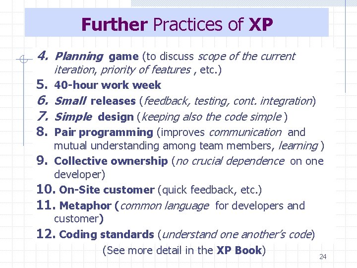 Further Practices of XP 4. Planning game (to discuss scope of the current iteration,