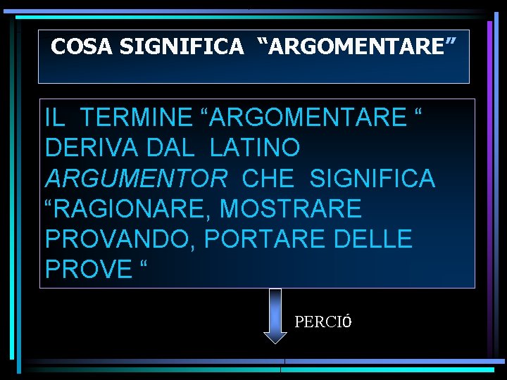 COSA SIGNIFICA “ARGOMENTARE” IL TERMINE “ARGOMENTARE “ DERIVA DAL LATINO ARGUMENTOR CHE SIGNIFICA “RAGIONARE,