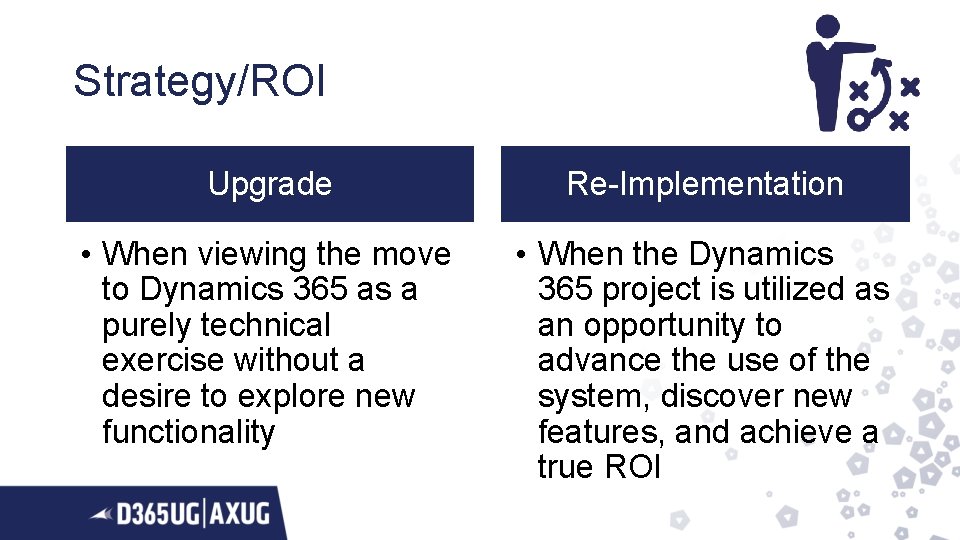 Strategy/ROI Upgrade Re-Implementation • When viewing the move to Dynamics 365 as a purely