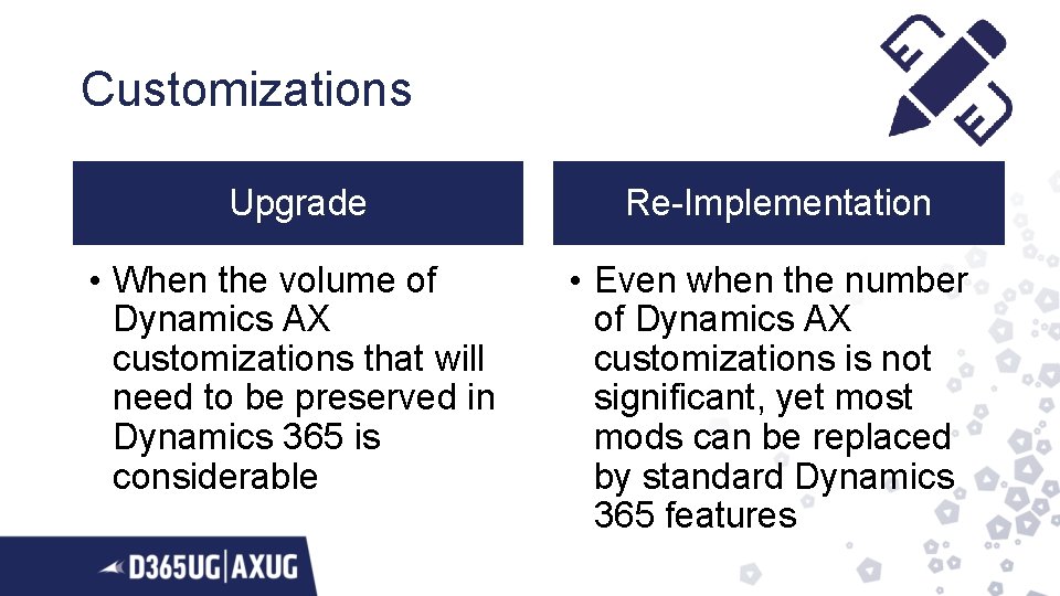 Customizations Upgrade Re-Implementation • When the volume of Dynamics AX customizations that will need