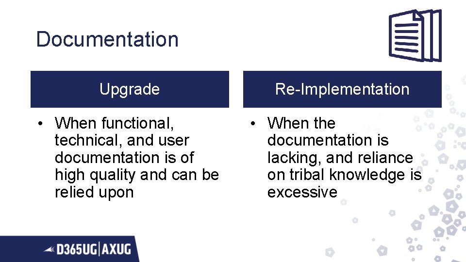 Documentation Upgrade • When functional, technical, and user documentation is of high quality and