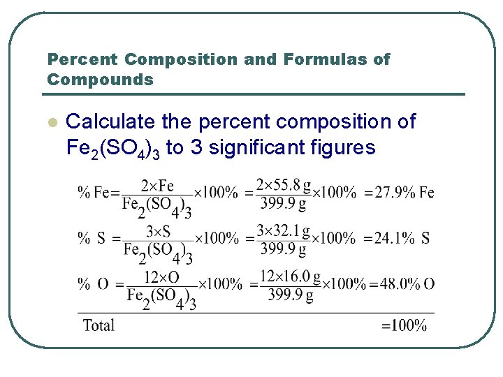 Percent Composition and Formulas of Compounds l Calculate the percent composition of Fe 2(SO