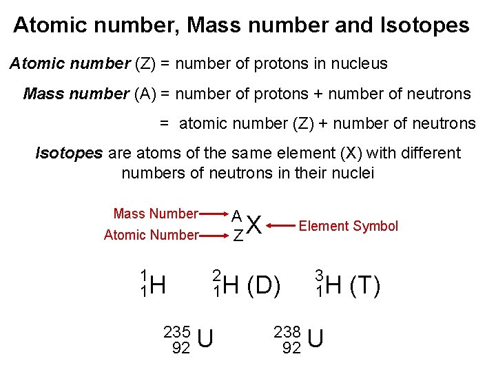 Atomic number, Mass number and Isotopes Atomic number (Z) = number of protons in