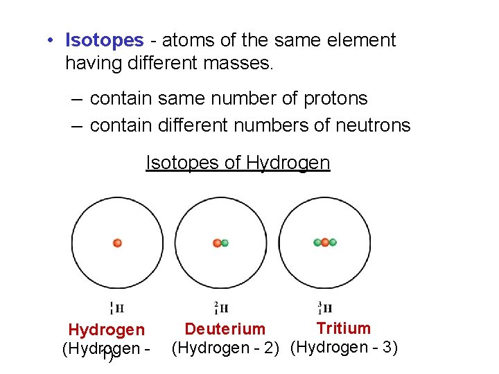  • Isotopes - atoms of the same element having different masses. – contain