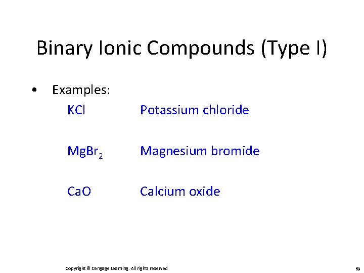 Binary Ionic Compounds (Type I) • Examples: KCl Potassium chloride Mg. Br 2 Magnesium