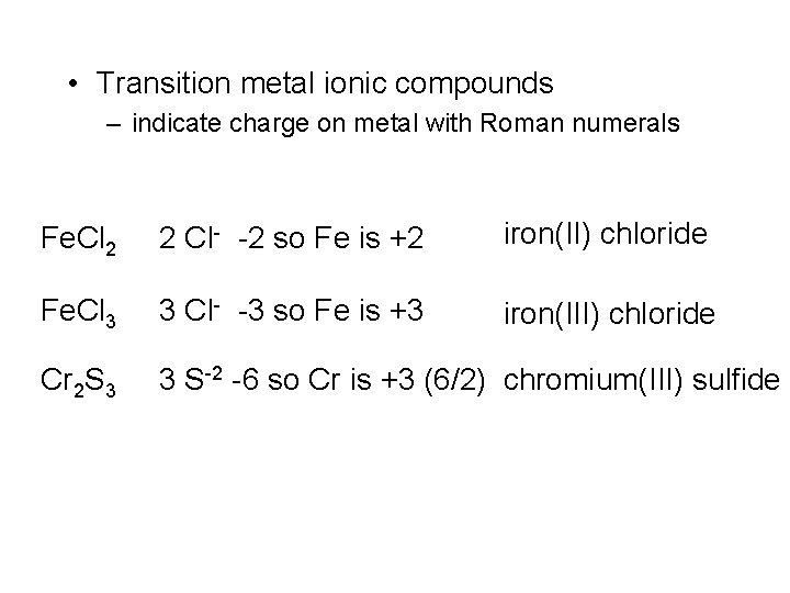  • Transition metal ionic compounds – indicate charge on metal with Roman numerals