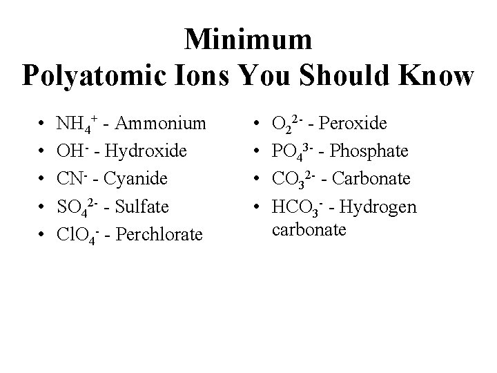 Minimum Polyatomic Ions You Should Know • • • NH 4+ - Ammonium OH-