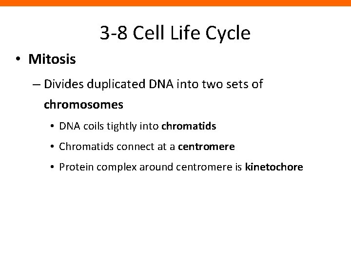 3 -8 Cell Life Cycle • Mitosis – Divides duplicated DNA into two sets