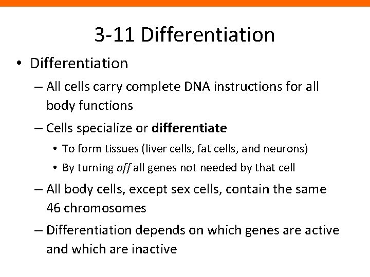 3 -11 Differentiation • Differentiation – All cells carry complete DNA instructions for all
