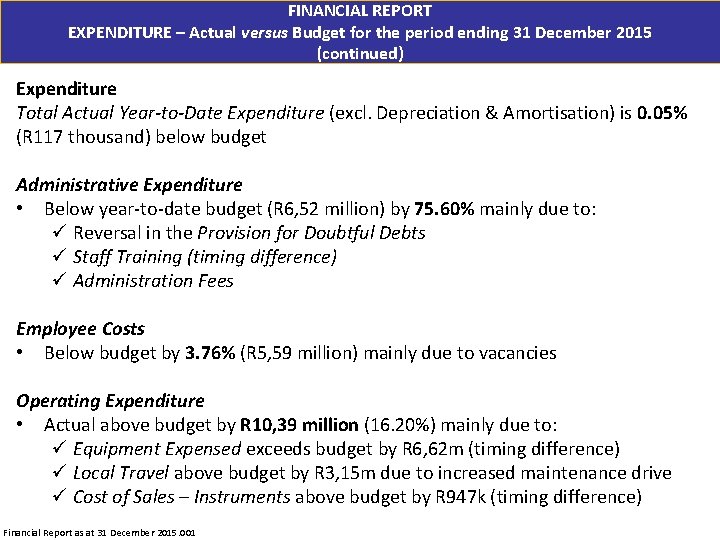 FINANCIAL REPORT EXPENDITURE – Actual versus Budget for the period ending 31 December 2015