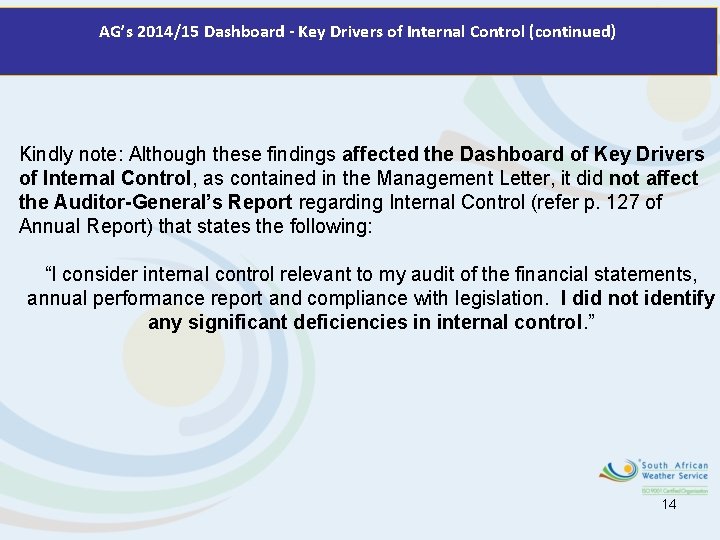 AG’s 2014/15 Dashboard - Key Drivers of Internal Control (continued) Kindly note: Although these