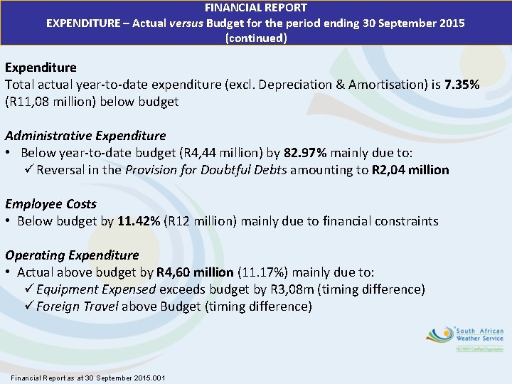 FINANCIAL REPORT EXPENDITURE – Actual versus Budget for the period ending 30 September 2015