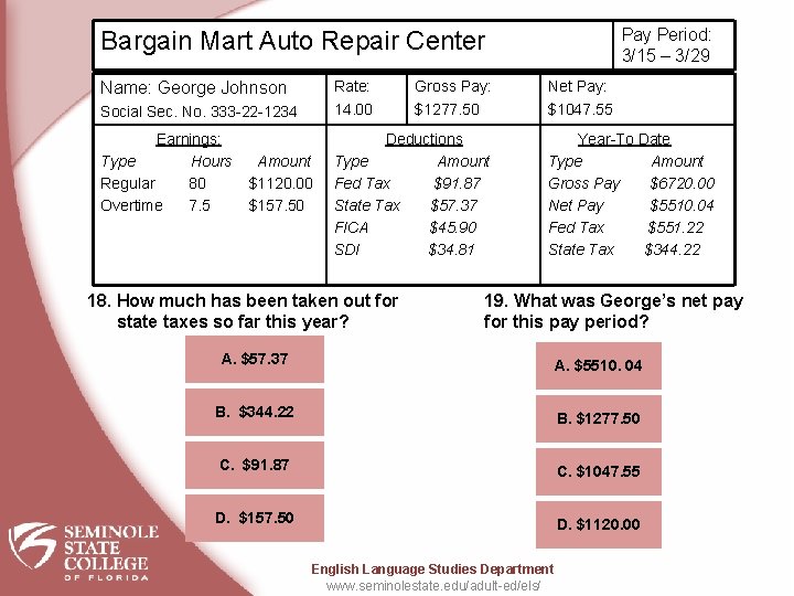 Pay Period: 3/15 – 3/29 Bargain Mart Auto Repair Center Rate: 14. 00 Name: