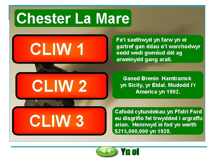 Chester La Mare CLIW 1 CLIW 2 CLIW 3 Fe’i saethwyd yn farw yn