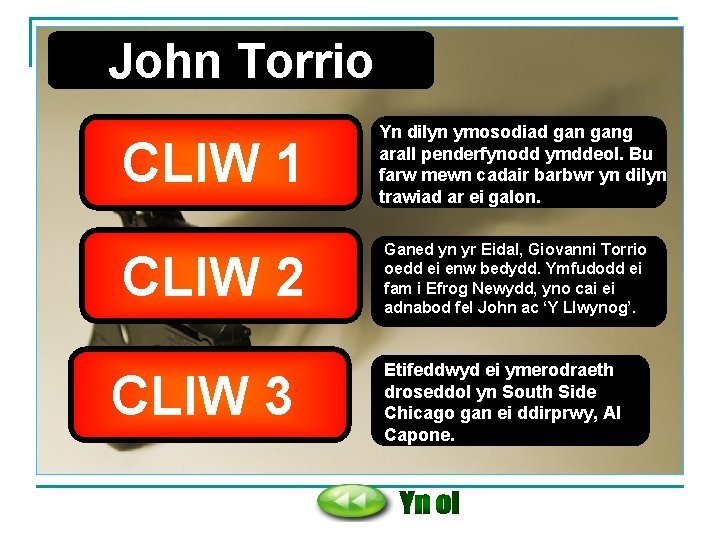 John Torrio CLIW 1 CLIW 2 CLIW 3 Yn dilyn ymosodiad gang arall penderfynodd