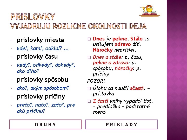  príslovky miesta kde? , kam? , odkiaľ? . . . príslovky času kedy?