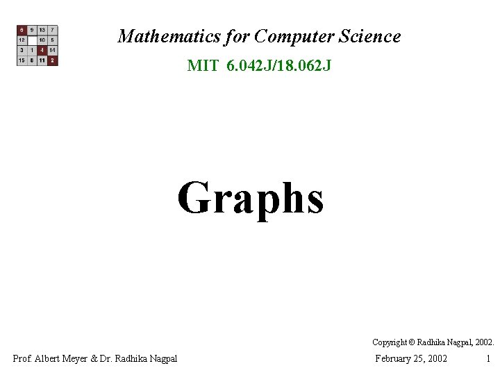 Mathematics for Computer Science MIT 6. 042 J/18. 062 J Graphs Copyright © Radhika