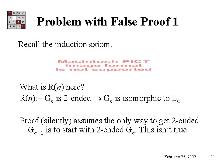 Problem with False Proof 1 Recall the induction axiom, What is R(n) here? R(n):