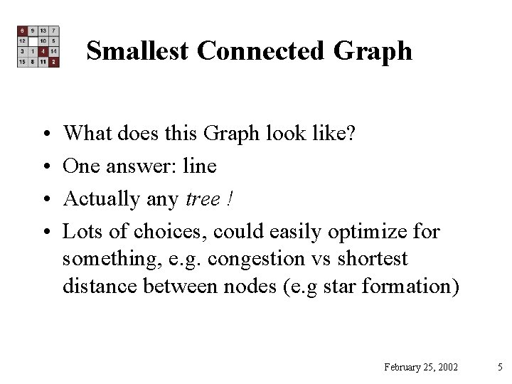 Smallest Connected Graph • • What does this Graph look like? One answer: line