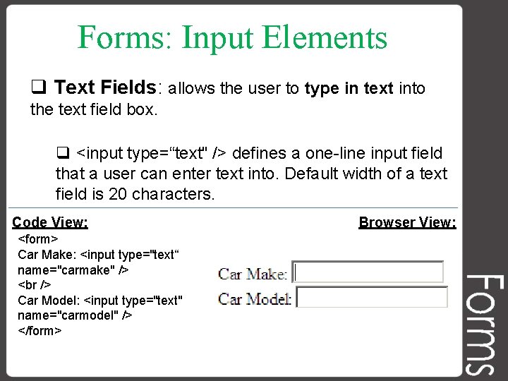 Forms: Input Elements q Text Fields: allows the user to type in text into