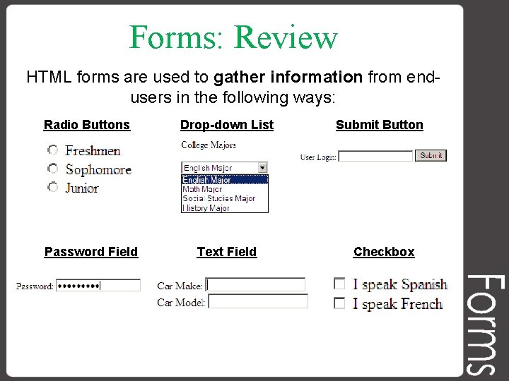 Forms: Review HTML forms are used to gather information from endusers in the following