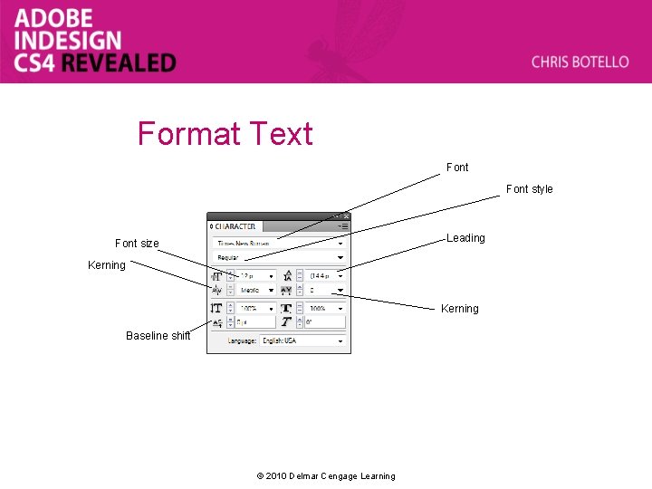 Format Text Font style Leading Font size Kerning Baseline shift © 2010 Delmar Cengage