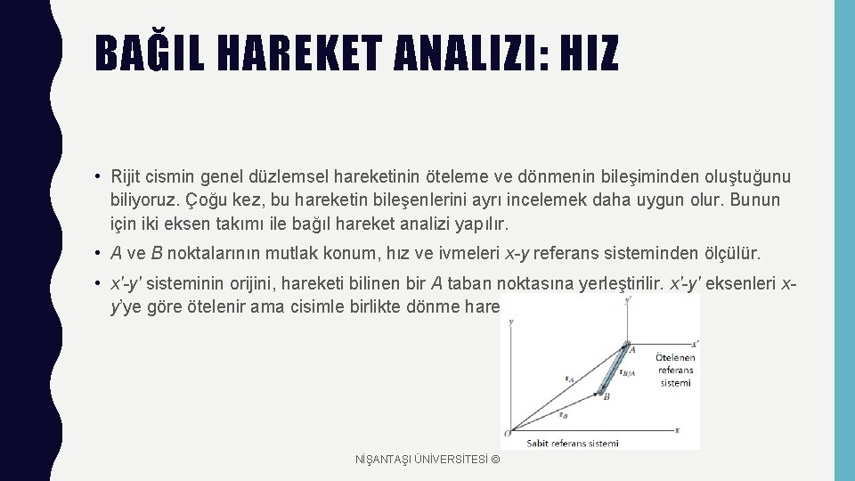 BAĞIL HAREKET ANALIZI: HIZ • Rijit cismin genel düzlemsel hareketinin öteleme ve dönmenin bileşiminden