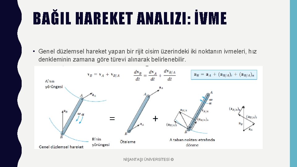 BAĞIL HAREKET ANALIZI: İVME • Genel düzlemsel hareket yapan bir rijit cisim üzerindeki iki