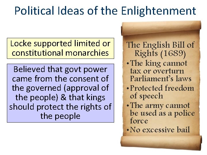 Political Ideas of the Enlightenment Locke supported limited or constitutional monarchies Believed that govt