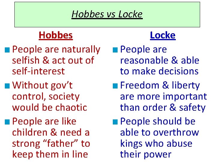 Hobbes vs Locke Hobbes ■ People are naturally selfish & act out of self-interest