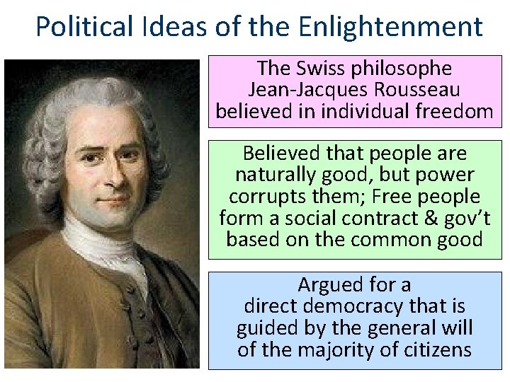 Political Ideas of the Enlightenment The Swiss philosophe Jean-Jacques Rousseau believed in individual freedom