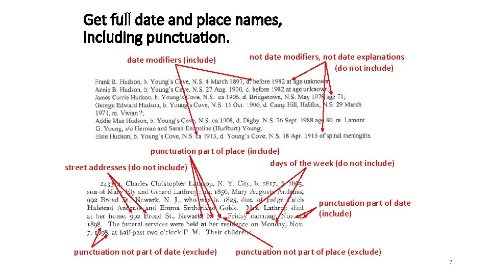 Get full date and place names, including punctuation. date modifiers (include) not date modifiers,