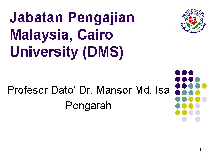 Jabatan Pengajian Malaysia, Cairo University (DMS) Profesor Dato’ Dr. Mansor Md. Isa Pengarah 1