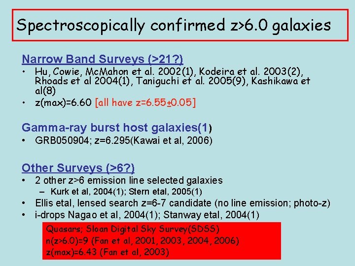 Spectroscopically confirmed z>6. 0 galaxies Narrow Band Surveys (>21? ) • Hu, Cowie, Mc.